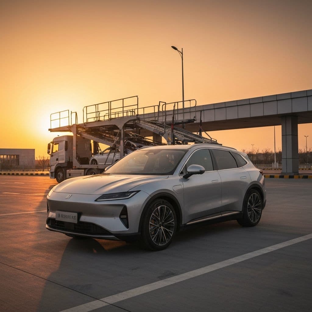 Китайский электромобиль на автовозе в логистическом хабе